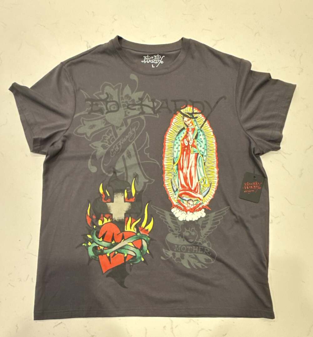Ed Hardy Virgin Mary and Flaming Heart Tattoo Graphic T-Shirt
